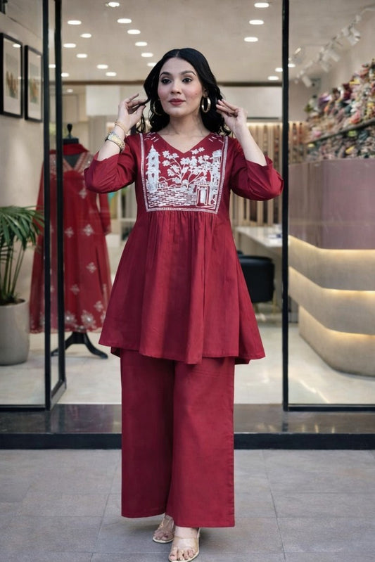 Floral Nova Maroon Embroidered Rayon Kurti Palazzo Set for Women | Party Wear Ethnic Kurta Set