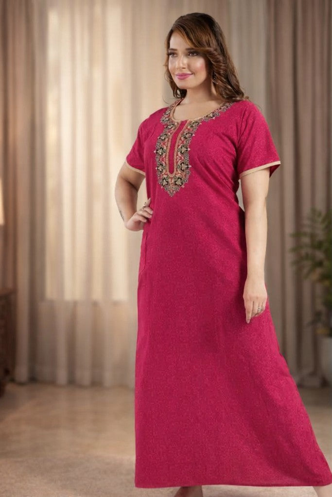 Floral Nova Women’s Pink Cotton Maxi Nighty Gown | Soft Ethnic Printed Embroidered Night Dress | Comfortable Everyday Wear