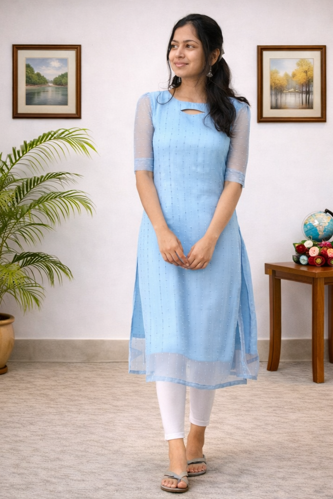 Women’s Aqua Blue Organza Kurti – Elegant A-Line Daily Wear | Floral Nova