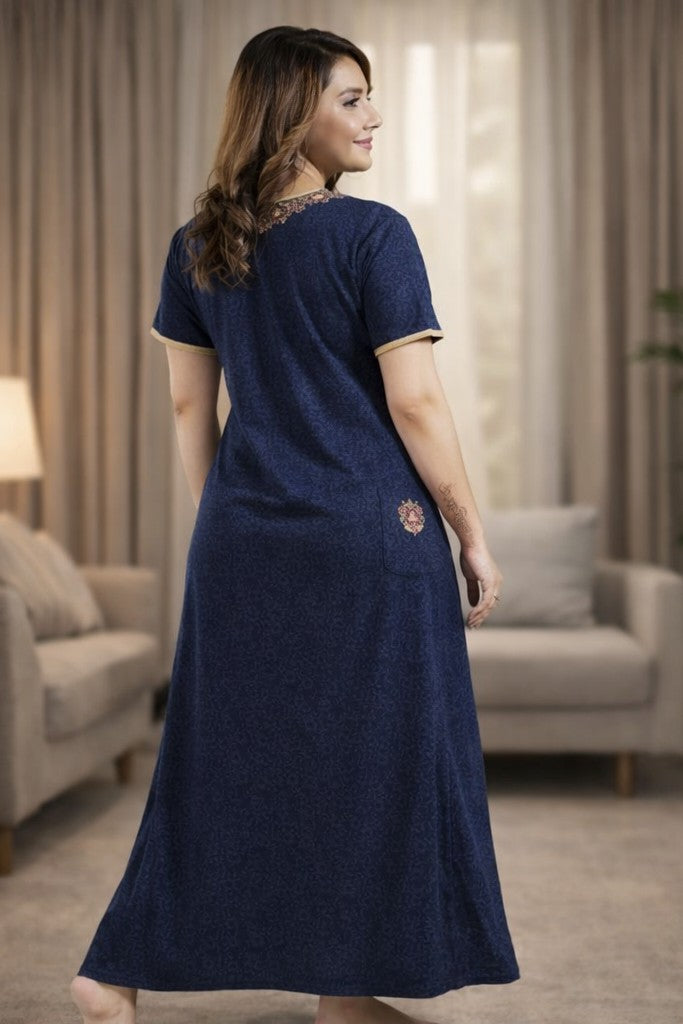 Floral Nova Women Navy Blue Cotton Maxi Nighty Gown | Soft Embroidered Floral Print | Comfortable Daily Home Wear Dress