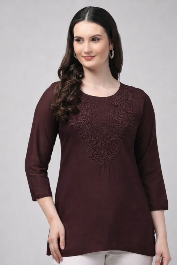 Maroon Embroidered Cotton Blend Short Kurti for Women | Daily Wear Kurti – Floral Nova