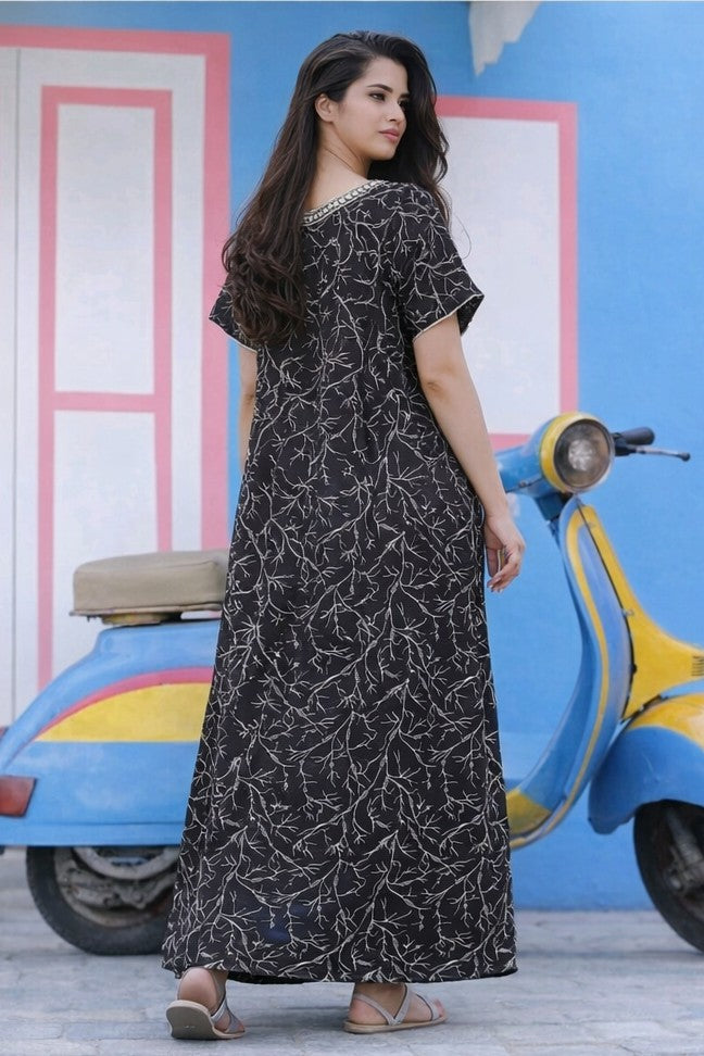 Floral Nova Women’s Brown Cotton Printed Maxi Dress | Embroidered Notch Neck Casual Everyday Long Dress