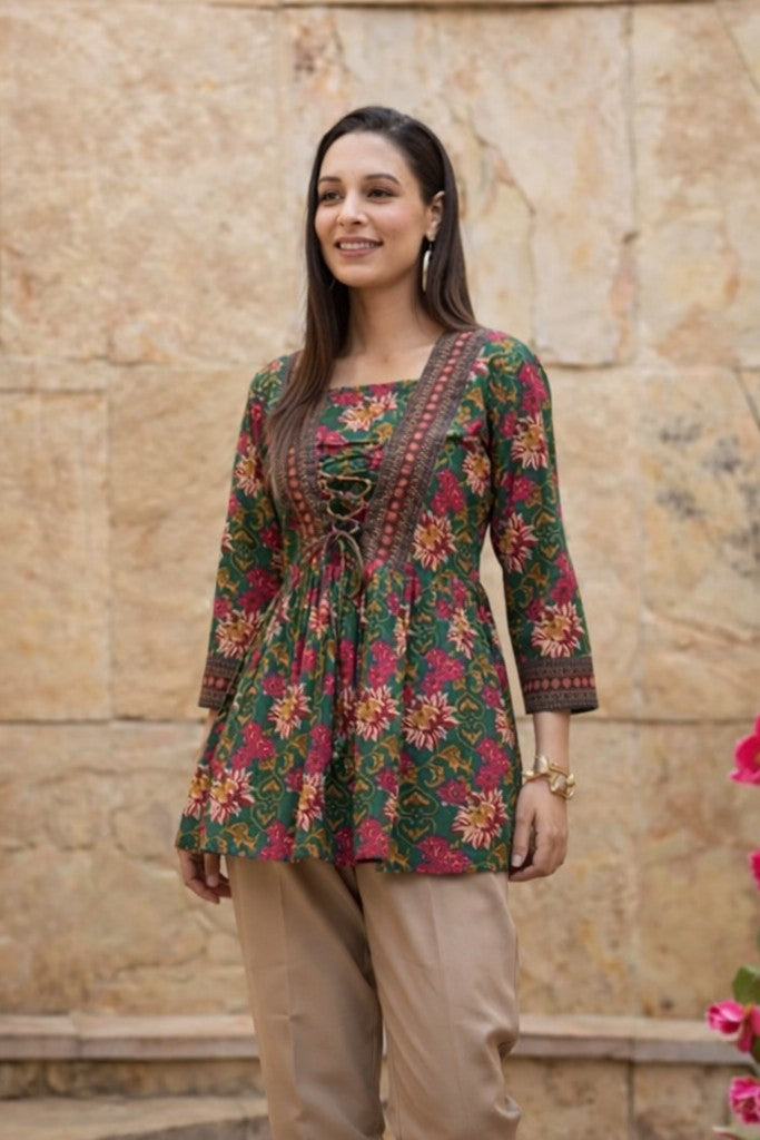 Floral Nova Women’s Green Floral Cotton Short Kurti | Stylish Square Neck Printed Kurti Top for Daily Wear