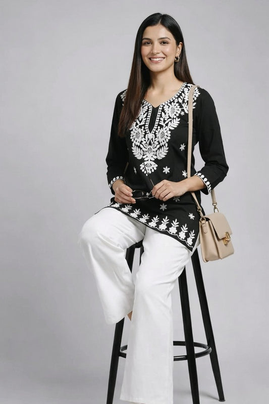 Floral Nova Black Embroidered Short Kurti for Women | Rayon Floral Tunic Top