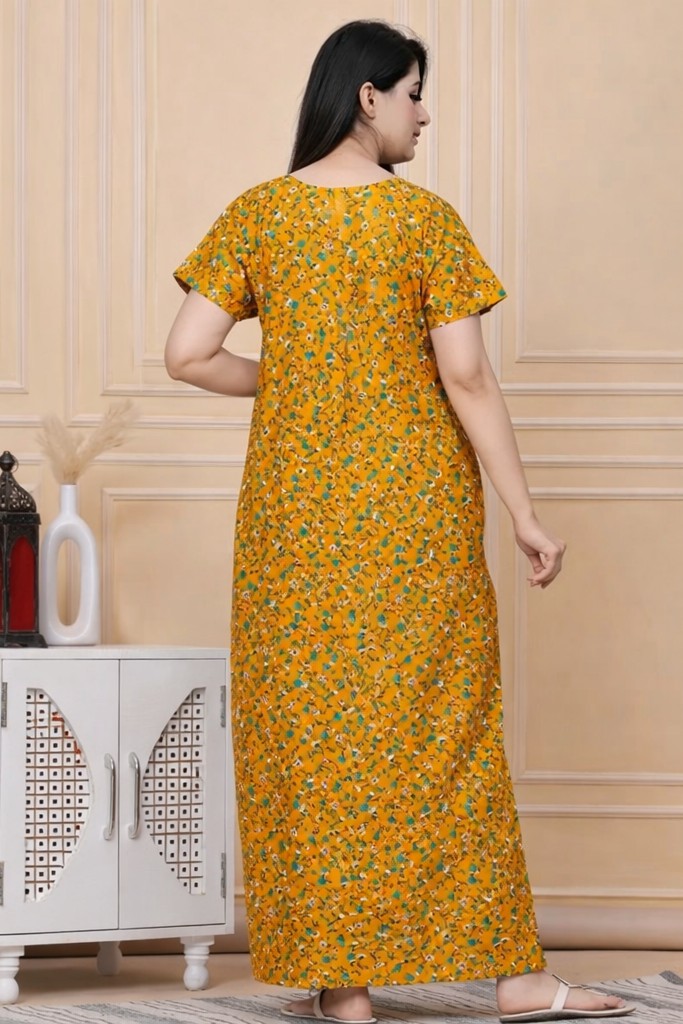 Floral Nova Women’s Mustard Cotton Floral Maxi Night Gown | Soft Comfortable Round Neck Daily Wear Long Dress