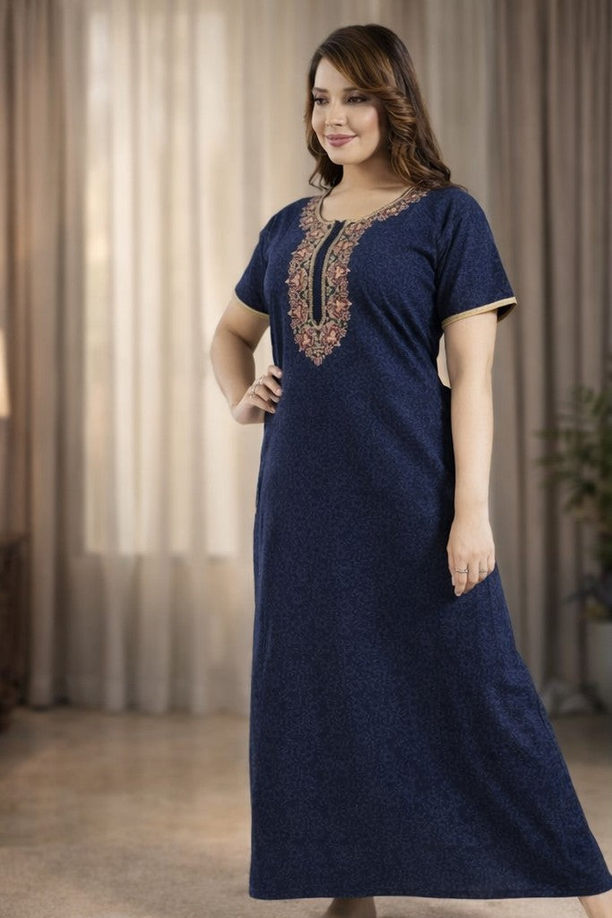 Floral Nova Women Navy Blue Cotton Maxi Nighty Gown | Soft Embroidered Floral Print | Comfortable Daily Home Wear Dress