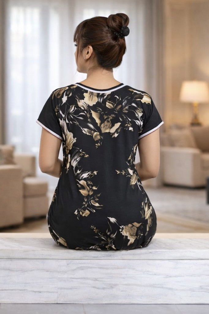 Floral Nova Women Black Satin Floral Kaftan Maxi Dress | Soft Comfort Stylish Lounge & Night Wear