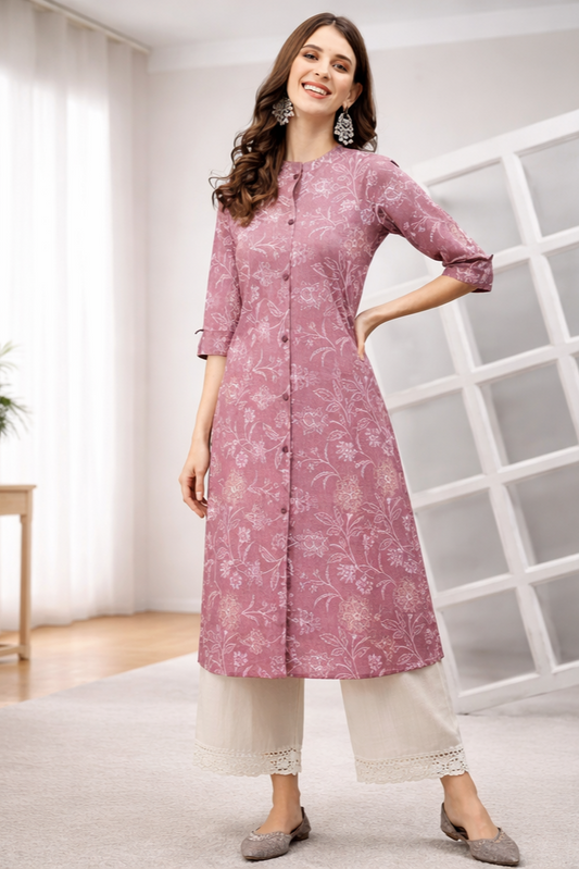 Purple Floral Printed Rayon Women Kurti – Mandarin Neck A-Line Calf Length Stylish Daily Wear Kurti