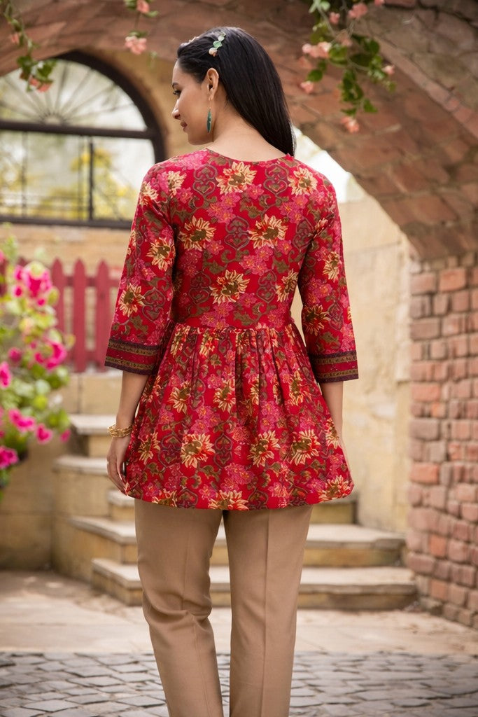 Floral Nova Women’s Maroon Floral A-Line Rayon Kurti Top | Stylish Casual V-Neck Pleated Kurti