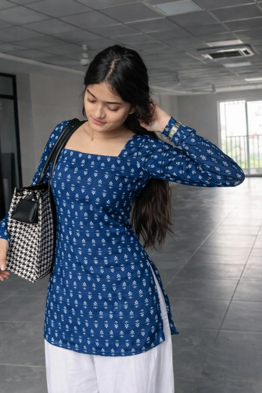 Blue Cotton Blend Floral Short Kurti for Women | Daily Wear Stylish Kurti | Floral Nova