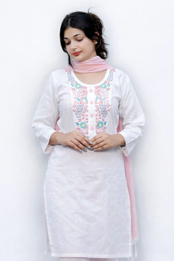 Women White Embroidered Khadi Cotton Kurti Set With Dupatta – Floral Nova