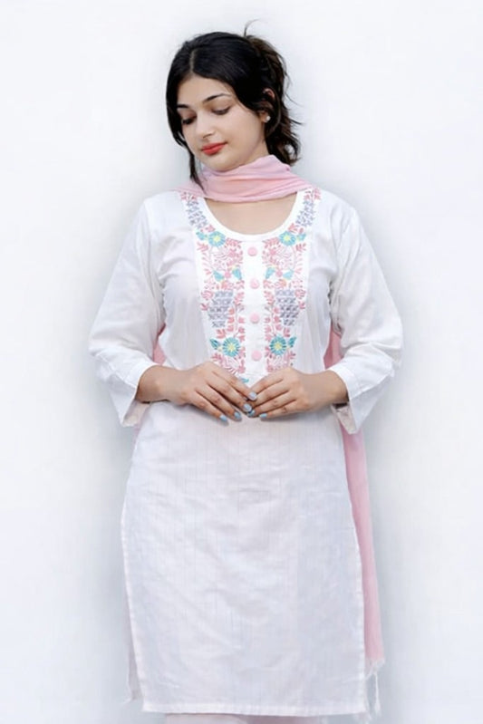 Women White Embroidered Khadi Cotton Kurti Set With Dupatta – Floral Nova