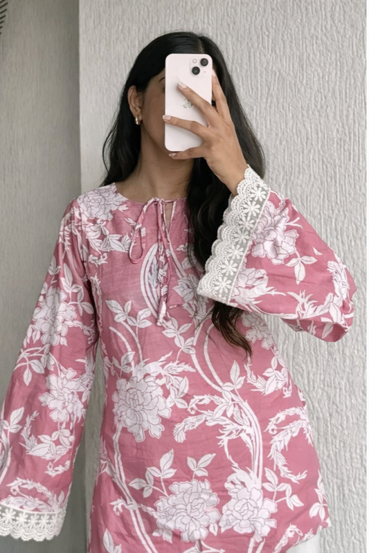 Pink Floral Cotton Blend Kurti for Women | A-Line Calf Length Daily Wear Kurti – Floral Nova