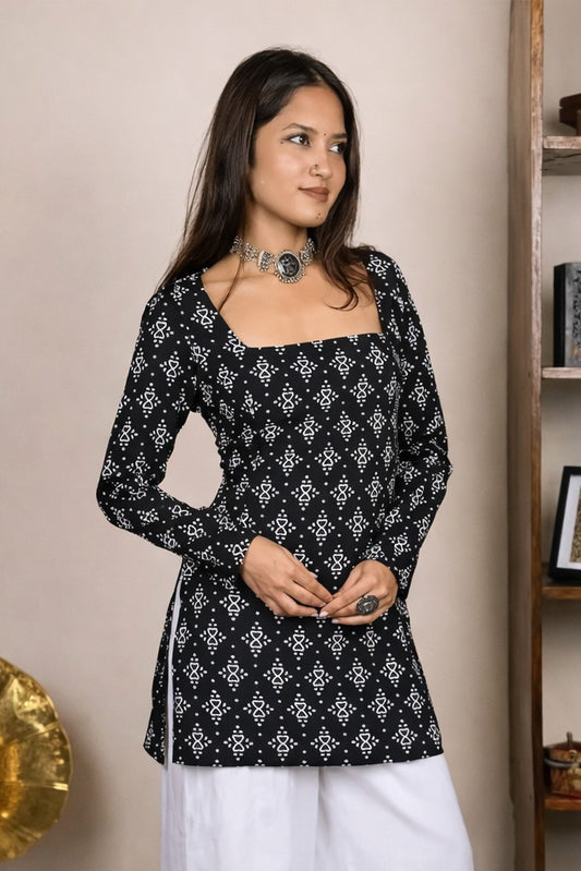 Women Black Printed Cotton Blend Short Kurti with Square Neck | Floral Nova Ethnic Top for Women