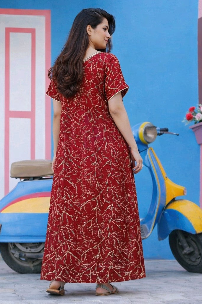 Floral Nova Maroon Cotton Printed Maxi Dress for Women | Embroidered Notch Neck Casual & Night Wear Gown
