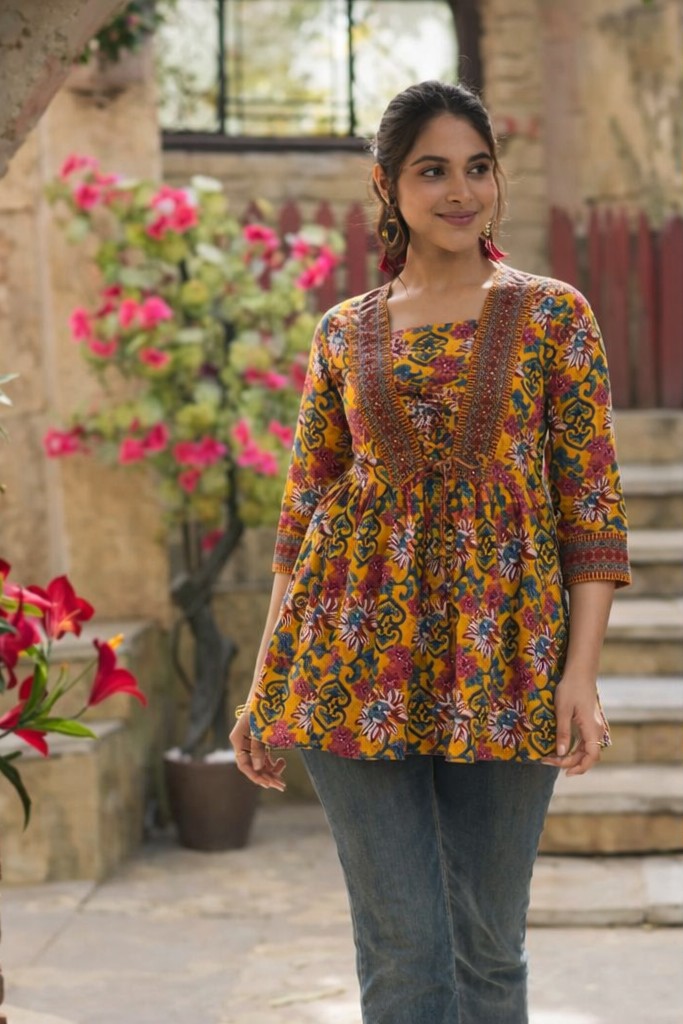 Floral Nova Women’s Printed Short Kurti – Yellow Rayon V-Neck Casual Ethnic Wear