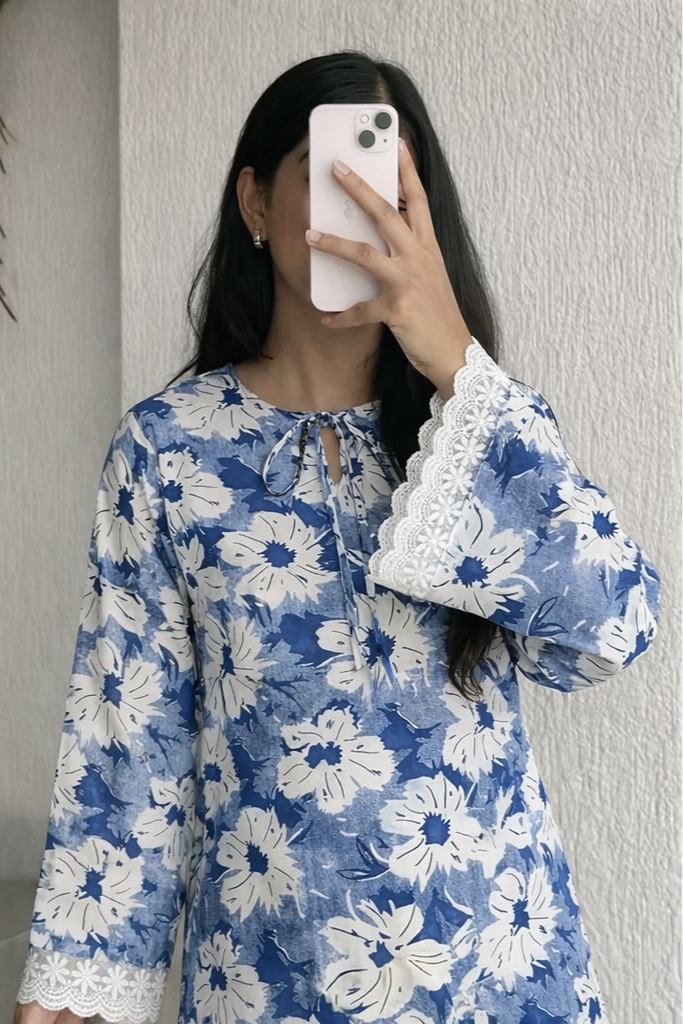 Blue Floral Cotton Short Kurti for Women | Above Knee Printed Daily Wear Kurti – Floral Nova