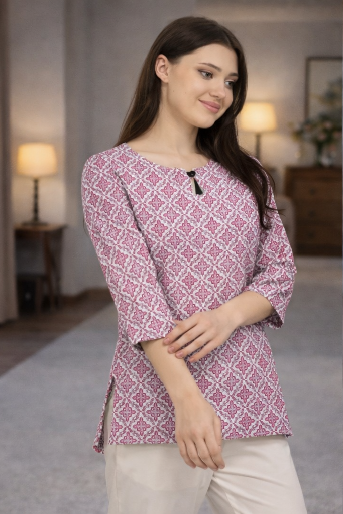 Women Maroon Printed Cotton Short Kurti – Stylish Daily Wear | Floral Nova