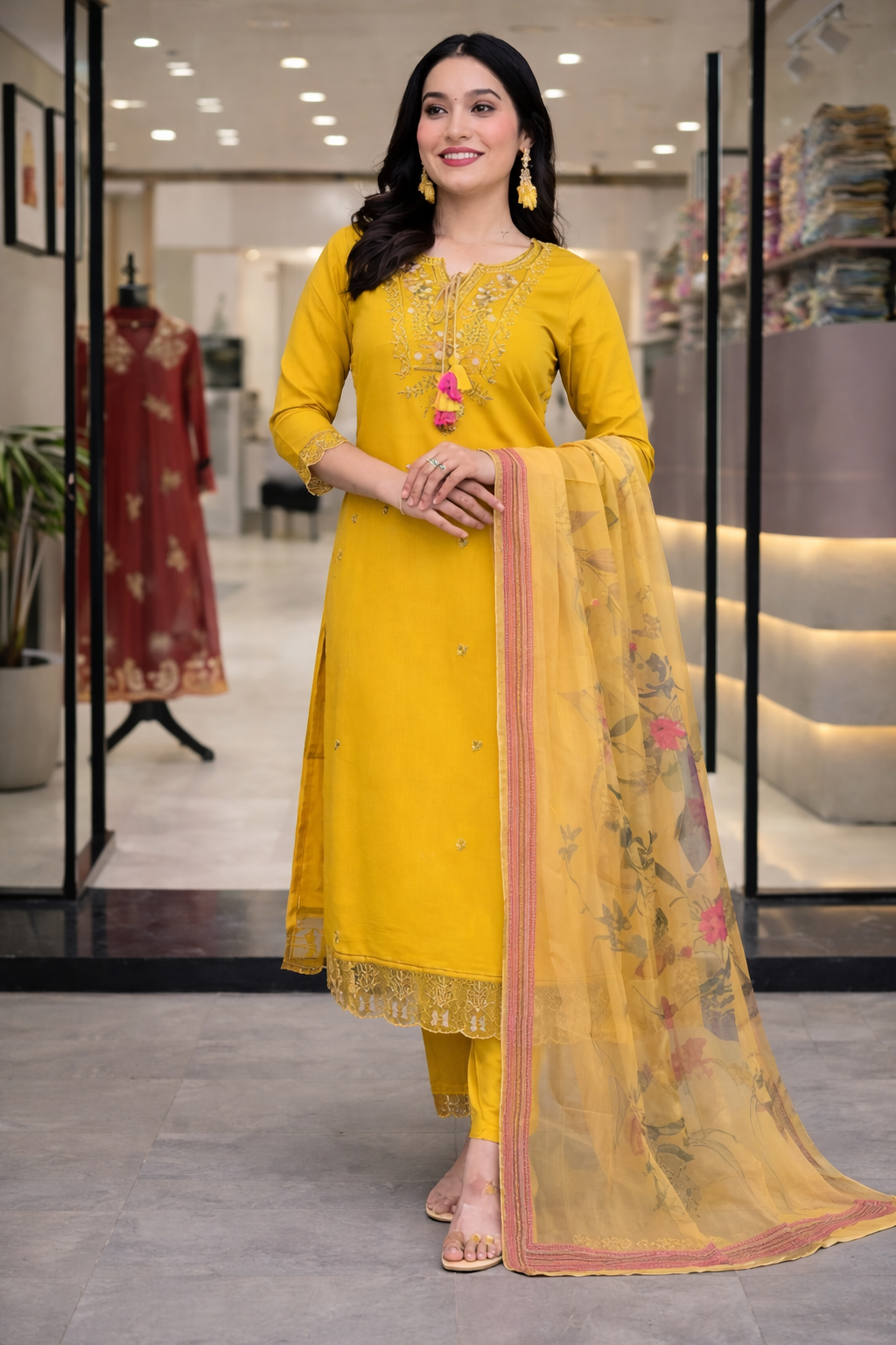 Women Mustard Yellow Embroidered Kurta Set with Dupatta – Floral Nova Daily Wear Ethnic Suit