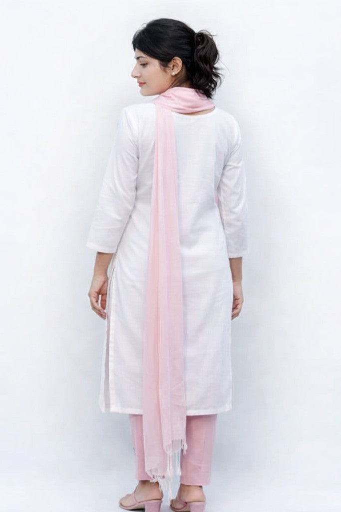 Women White Embroidered Khadi Cotton Kurti Set With Dupatta – Floral Nova