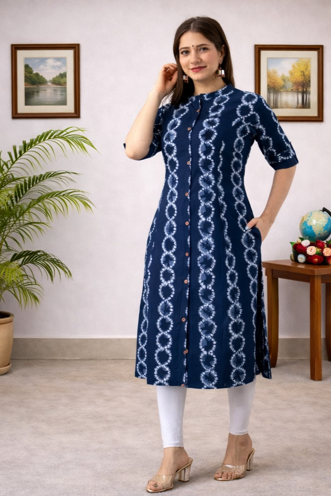 Women’s Blue Ethnic Printed Rayon A-Line Kurti – Mandarin Collar, Calf Length | Floral Nova
