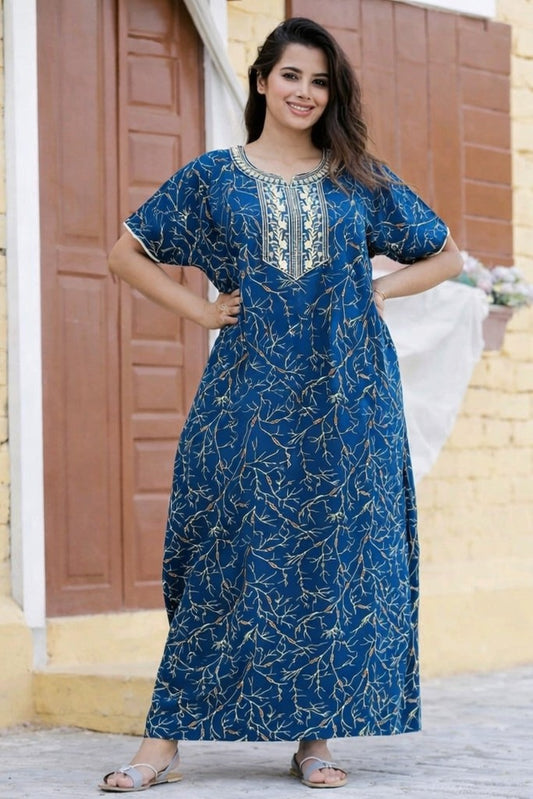 Floral Nova Women Teal Cotton Printed Maxi Dress with Embroidery | Casual & Everyday Long Dress for Women