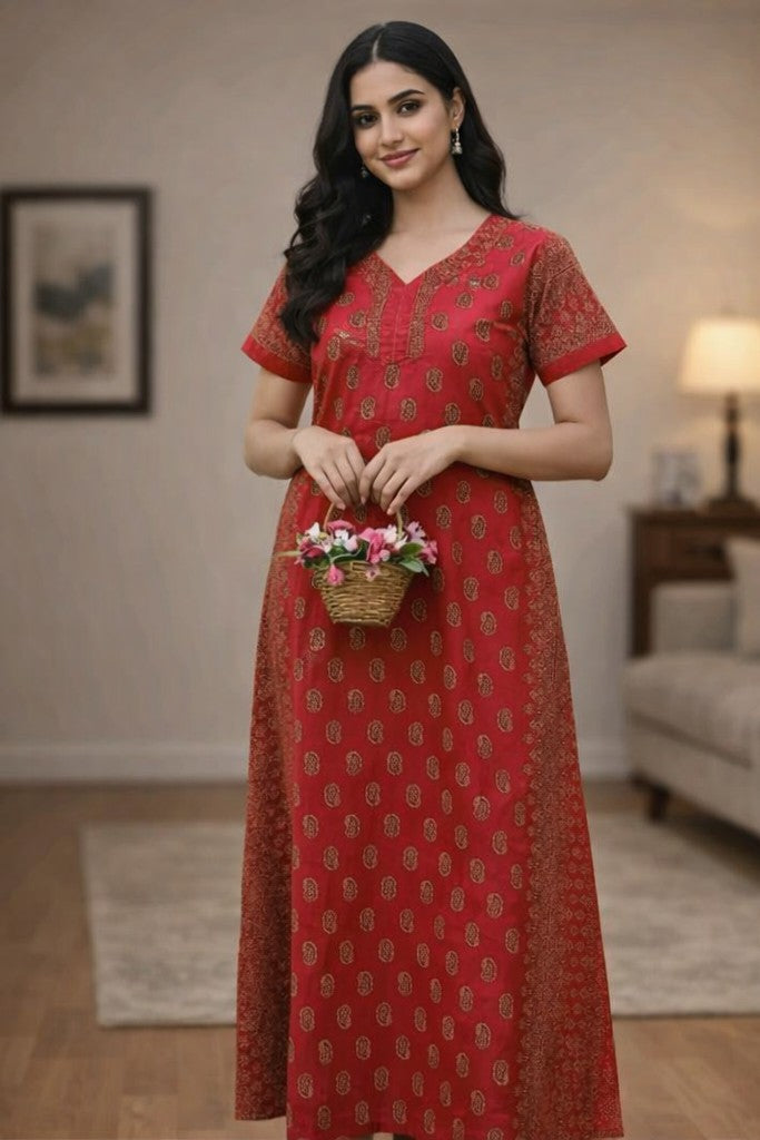 Floral Nova Women Red Cotton Printed Maxi Nightdress | Soft Comfortable Home Wear Long Gown