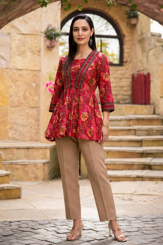 Floral Nova Women’s Maroon Floral A-Line Rayon Kurti Top | Stylish Casual V-Neck Pleated Kurti