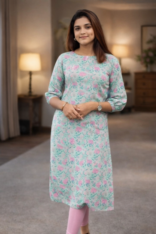 Women Floral Cotton Slub Short Kurti – A-Line Daily Wear Kurta | Floral Nova