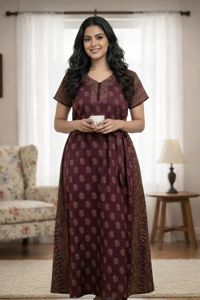 Floral Nova Women Maroon Cotton Printed Maxi Nightdress | Soft Comfortable Home Wear Gown