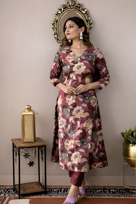 Maroon Cotton Floral Kurti for Women – A-Line V-Neck Knee Length Festive Wear Kurti