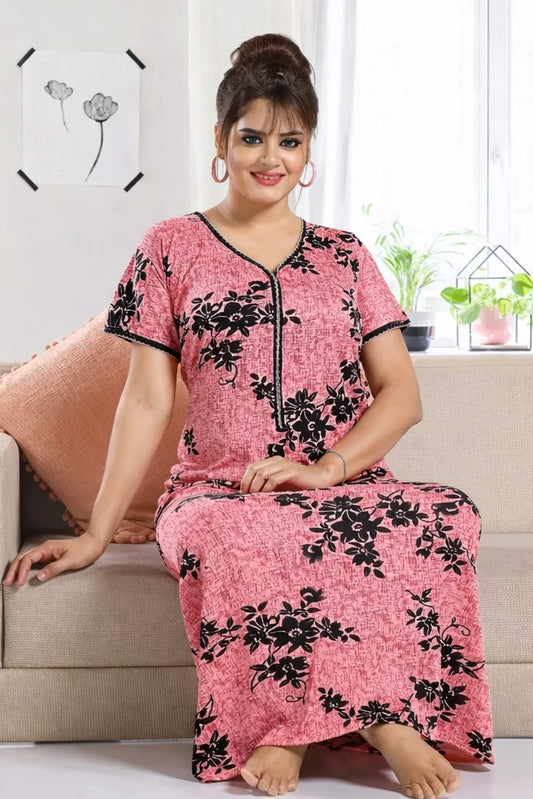 Floral Nova Women Pink Floral Satin Maxi Nighty | Soft & Comfortable Printed Lounge Wear Dress