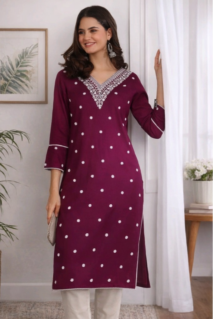 Maroon Chikankari Kurti for Women – Rayon Embroidered V-Neck Calf Length Kurta | Floral Nova