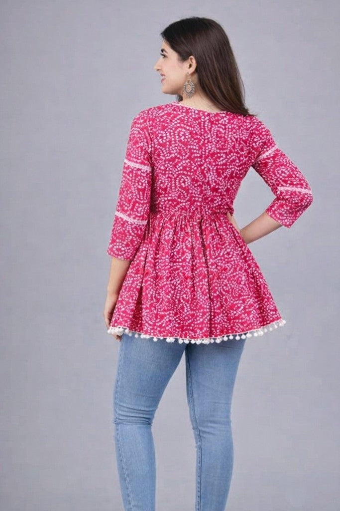 Women Pink Bandhani Printed Rayon Short Kurti | Floral Nova V-Neck Flared Ethnic Top for Women