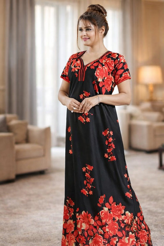 Floral Nova Women’s Black Satin Floral Printed Maxi Dress | Elegant V-Neck Short Sleeve Long Dress for Everyday & Casual Wear