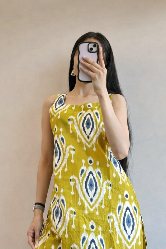 Yellow Printed Sleeveless Calf Length Kurti for Women | Ethnic Daily Wear Kurti – Floral Nova
