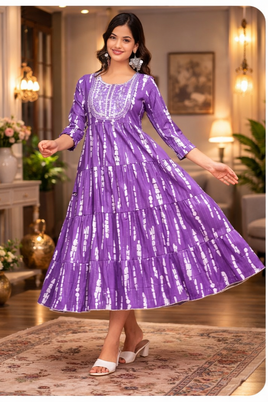 Purple Viscose Rayon Flared Kurti Dress for Women – Round Neck Embroidered Striped Calf Length Daily Wear Kurti