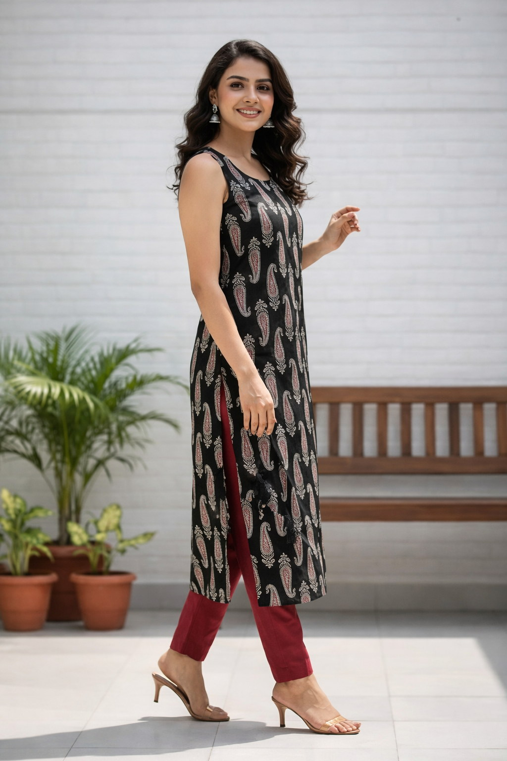 Floral Nova Trendy Ajrak Print Sleeveless Cotton Kurti for Women | Round Neck | Daily & Office Wear