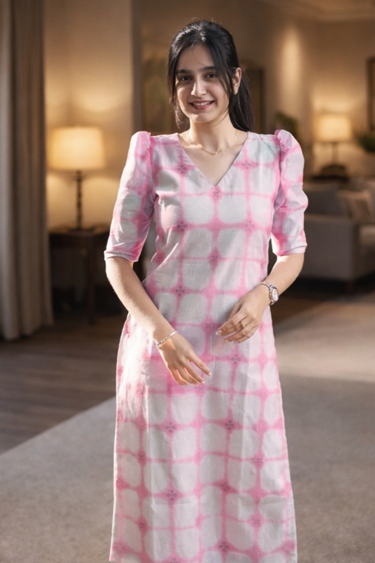 Women White Cotton Slub Tie-Dye Kurti – A Line Calf Length V-Neck Daily Wear Kurti | Floral Nova