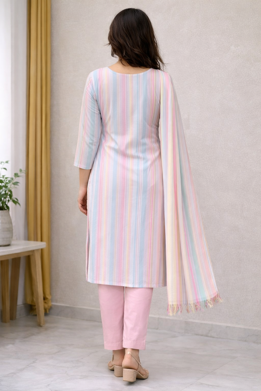 Women’s Striped Cotton Kurti Set with Dupatta – Pink Daily Wear Kurta Set | Floral Nova