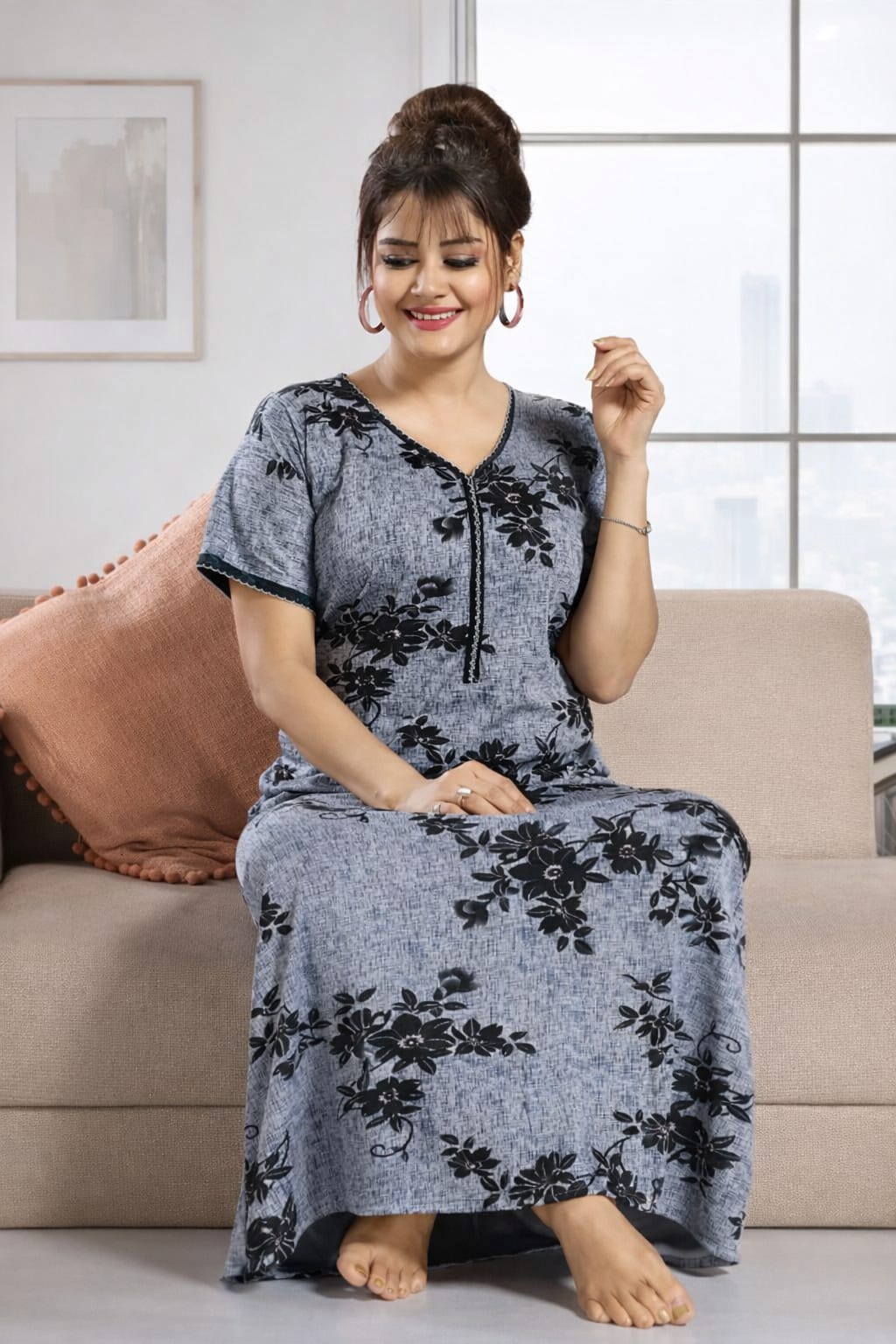 Floral Nova Grey Satin Floral Printed Maxi Dress for Women | V-Neck Short Sleeve Nightwear & Lounge Dress