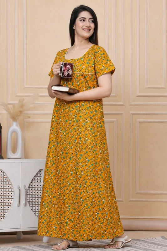 Floral Nova Women’s Mustard Cotton Floral Maxi Night Gown | Soft Comfortable Round Neck Daily Wear Long Dress