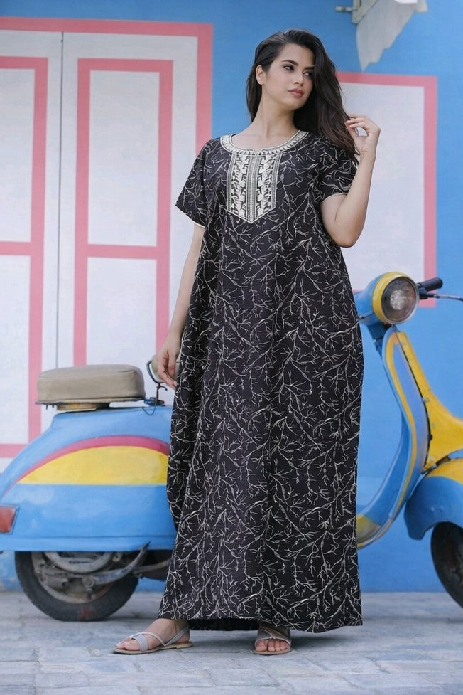 Floral Nova Women’s Brown Cotton Printed Maxi Dress | Embroidered Notch Neck Casual Everyday Long Dress