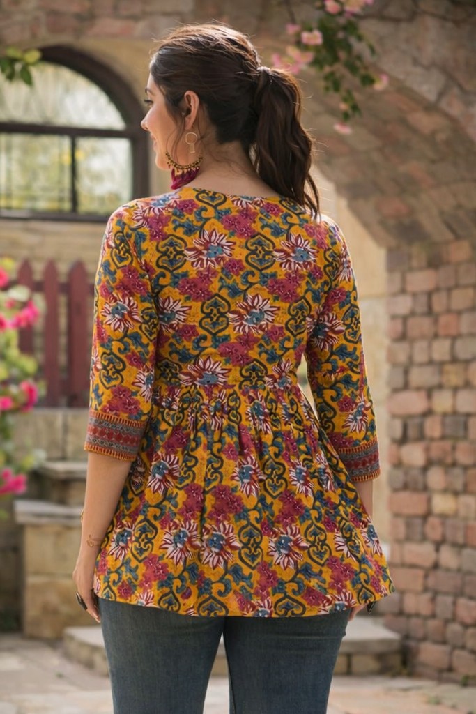 Floral Nova Women’s Printed Short Kurti – Yellow Rayon V-Neck Casual Ethnic Wear