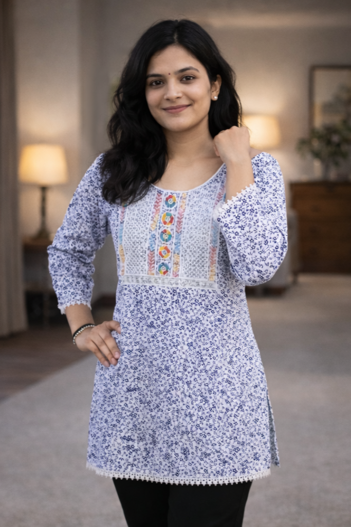 Women Blue Floral Embroidered Cotton Short Kurti – Stylish Daily Wear | Floral Nova
