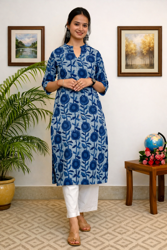 Blue Floral Printed Rayon Kurti for Women – Stylish Daily Wear | Floral Nova