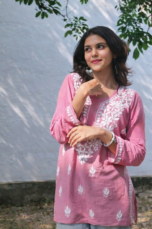 Women Pink Chikankari Short Kurti in Viscose Rayon | Floral Nova Embroidered Ethnic Top for Women