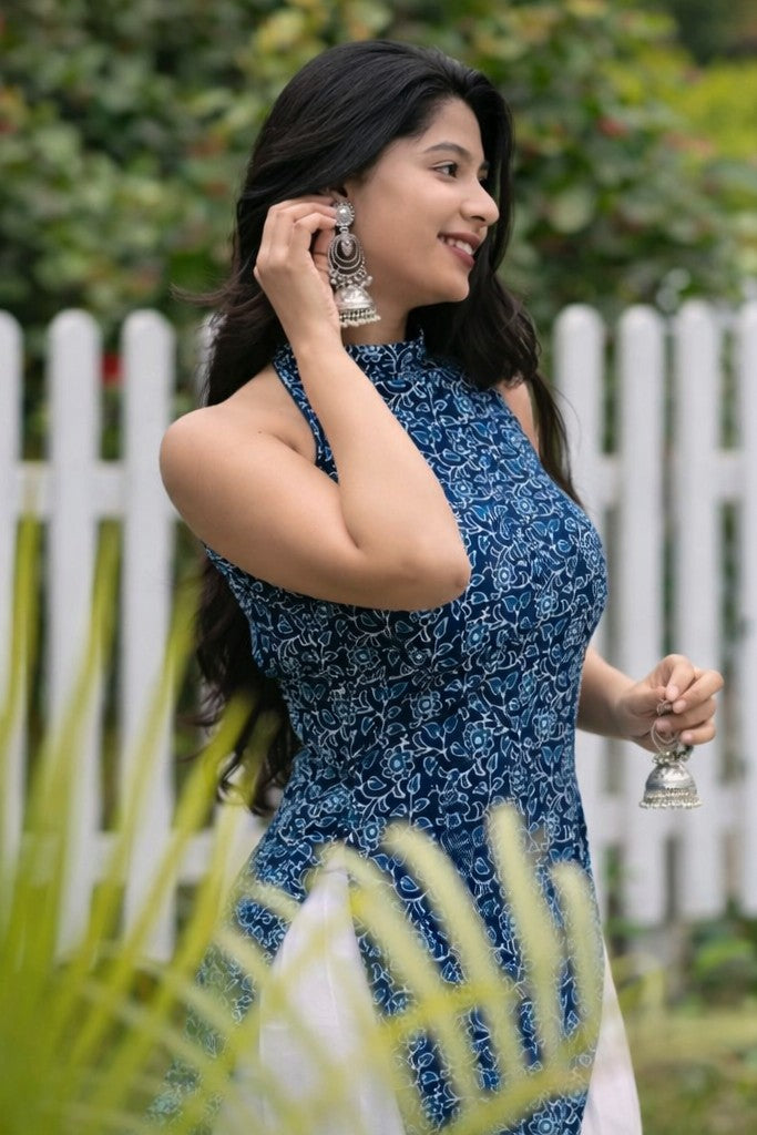 Women Blue Floral Rayon Sleeveless Short Kurti | Floral Nova Halter Neck Ethnic Top for Women