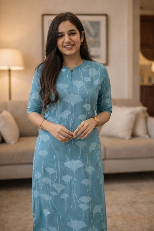 Women Blue Cotton Slub Botanical Printed Kurti – A Line Calf Length Daily Wear Kurti | Floral Nova