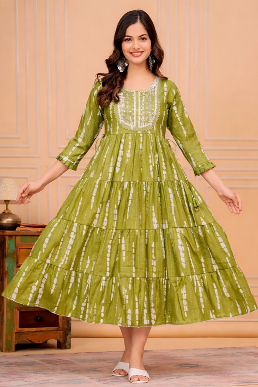 Olive Green Viscose Rayon Flared Kurti Dress for Women – Round Neck Embroidered Striped Calf Length Daily Wear Kurti